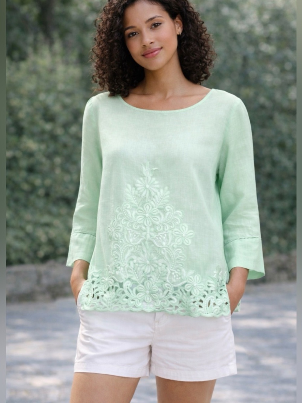 NEW! J. Crew Floral Embroidered 100% Linen Blouse Exposed Zipper Mint Green SZ 2